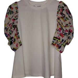 Elegant White Blouse with Multicolor Sleeves